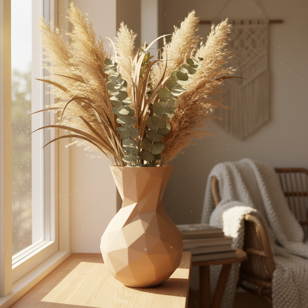 Warm beige low poly vase with dried grasses and eucalyptus on a sunny windowsill