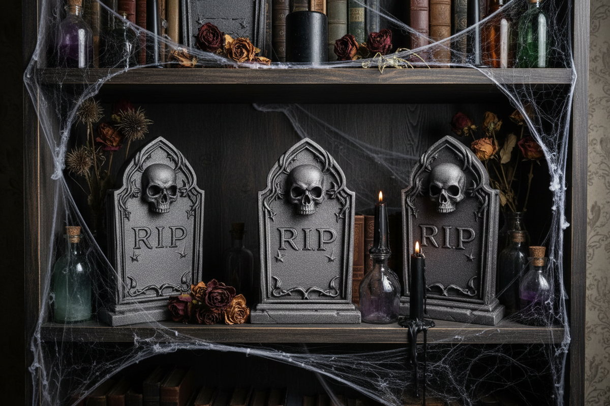 Three Scary Halloween tombstones dark grey sparkle gothic dark wooden shelves black candles glass potion bottles spider webs dried flowers spooky Halloween shelfie display atmospheric moody interior wide landscape editorial