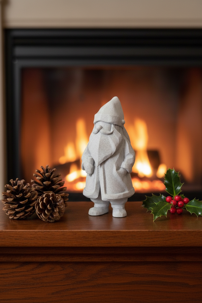 Low-poly white Santa on mantelpiece with roaring fireplace pine cones and holly lifestyle