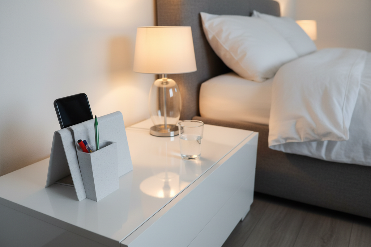 Tablet Stand With Pen Holder on a bedside table holding a smartphone