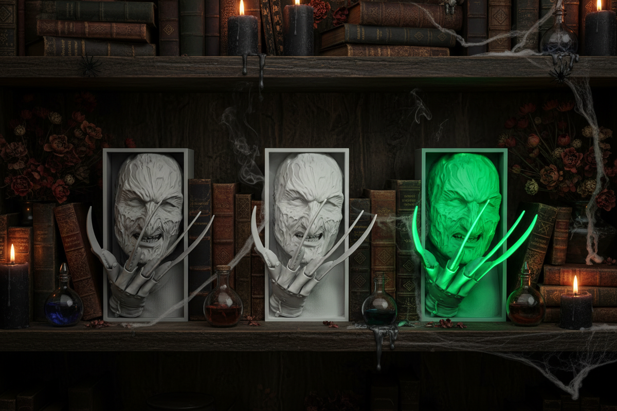 Three Freddy Krueger book nook relief sculptures grey white neon green framed boxes dark wooden shelves vintage hardcover books black candles potion bottles spider webs dried flowers atmospheric moody Halloween shelfie landscape editorial