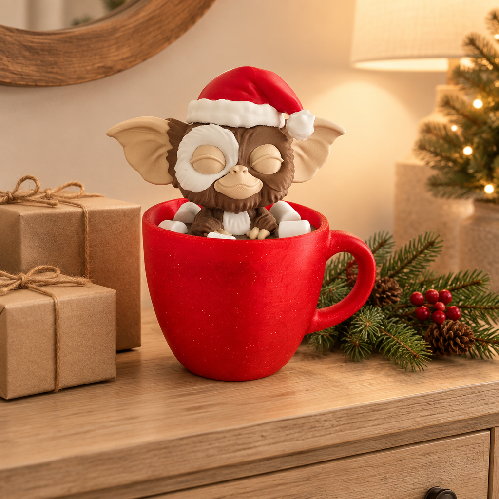 Gizmo Christmas ornament with plain wrapped gifts and evergreen on a console