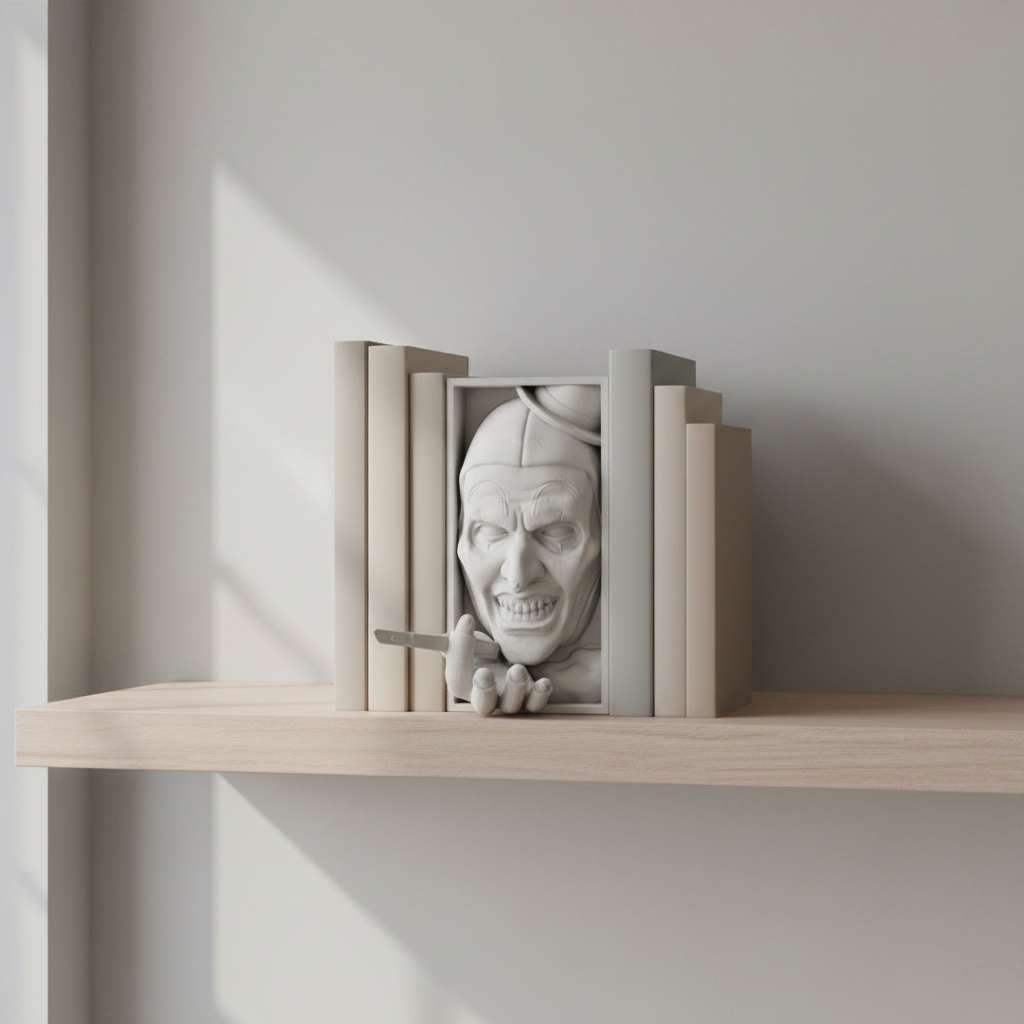 IT horror clown book nook on a minimalist bookshelf