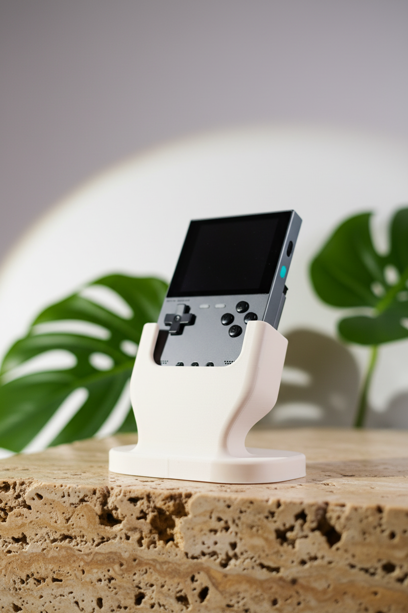 Trim UI Smart Retro Console Stand on travertine surface