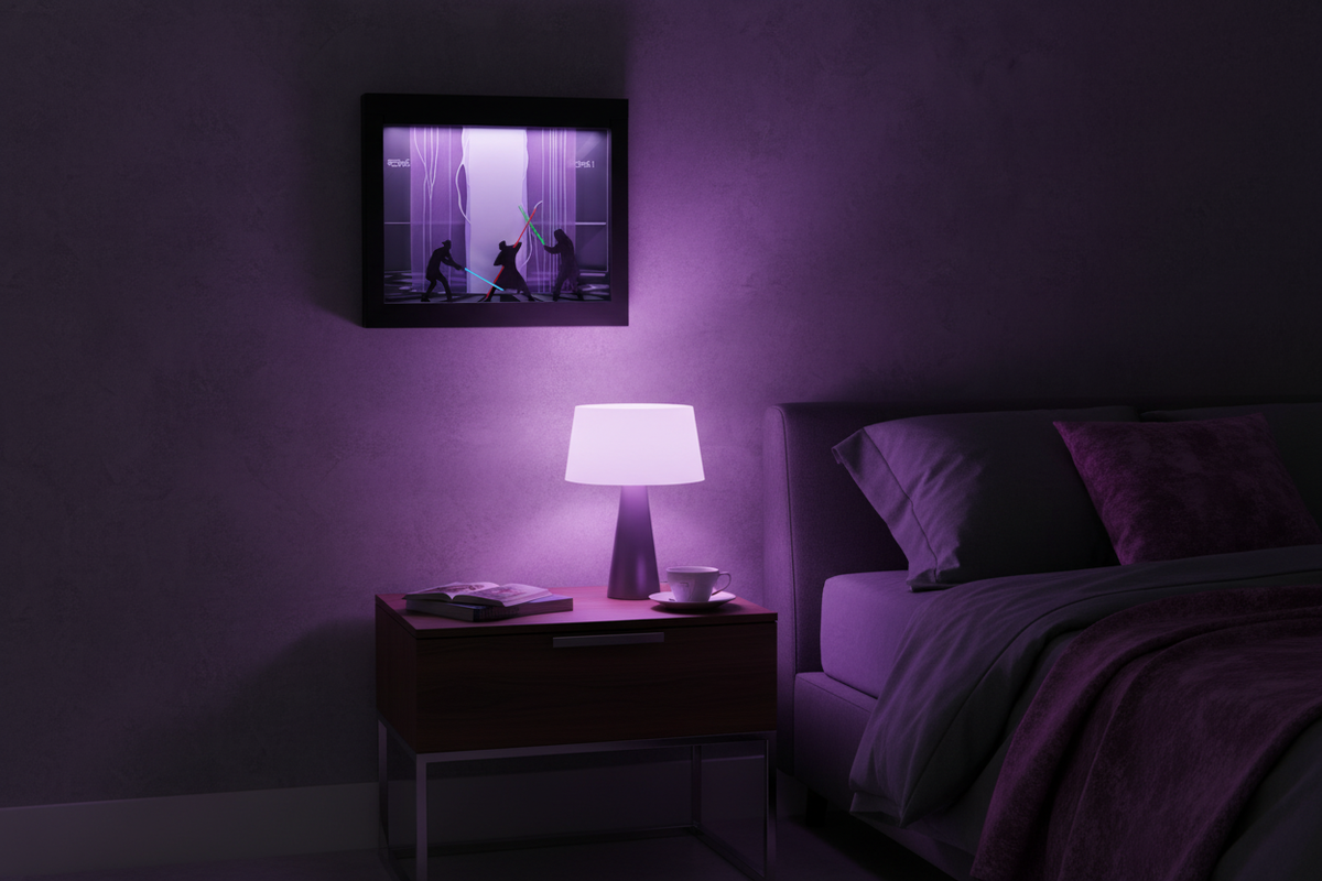 Star Wars Duel in Theed Shadow Box with purple LED lighting