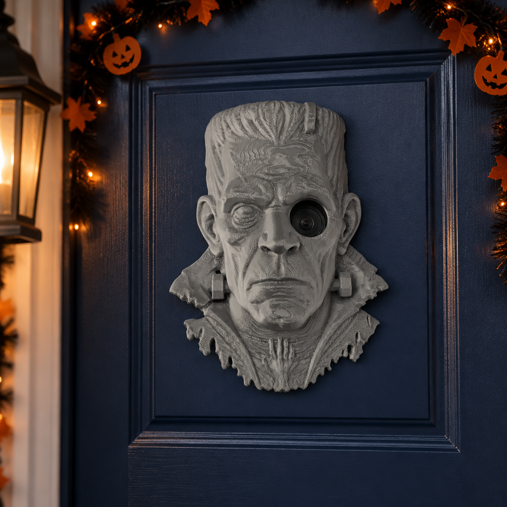 Frankenstein peephole decoration on navy door