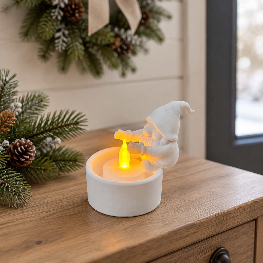 Santa gnome tealight holder styled on an entryway console with a winter wreath