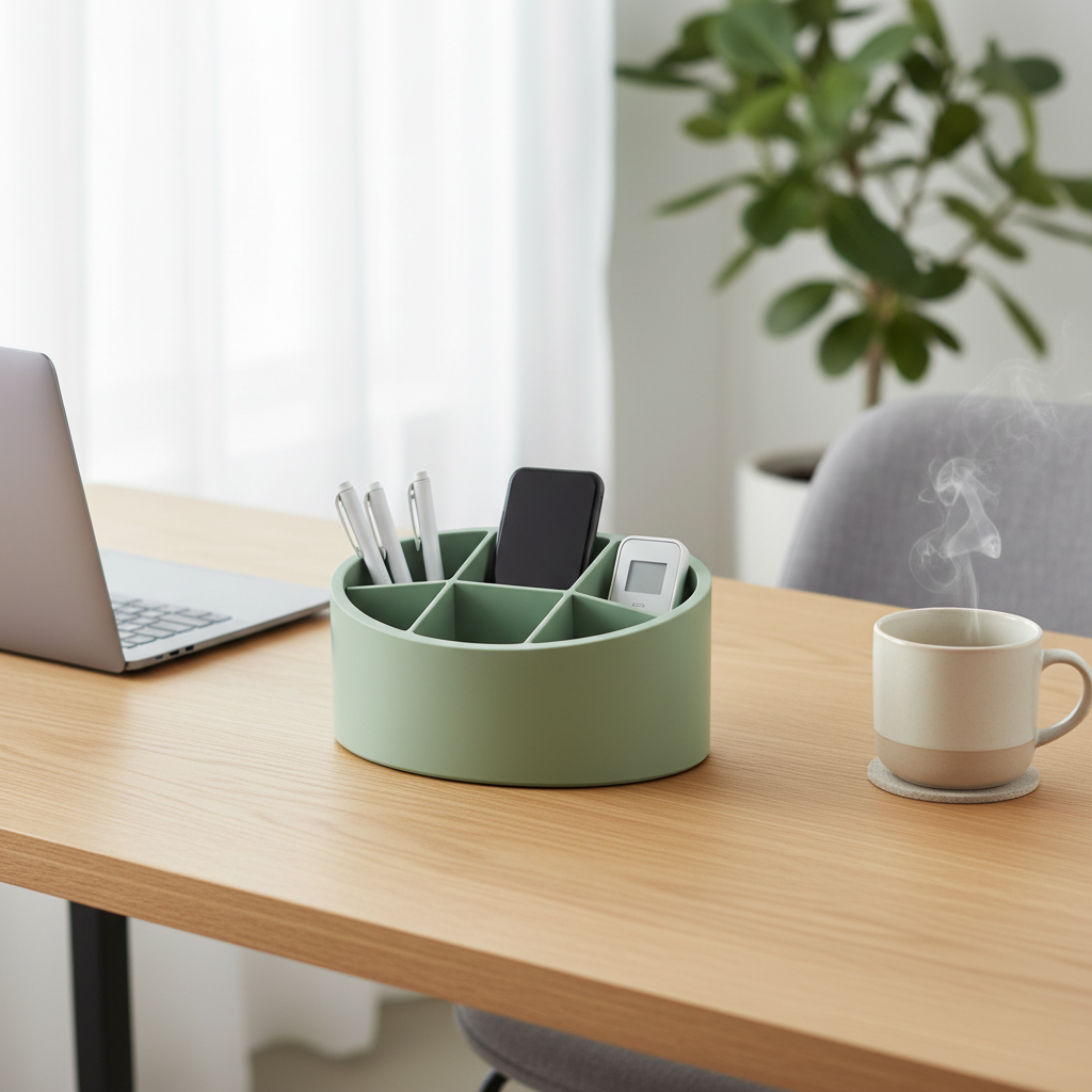 Curved Remote Control Organiser in sage green — lifestyle shot on oak home office desk
