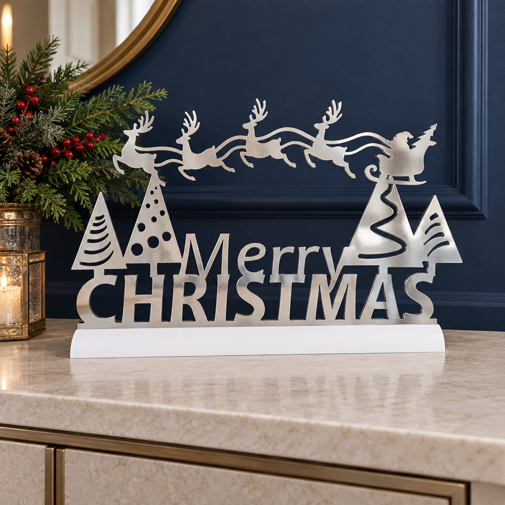 Silver Merry Christmas sign with white base displayed in a festive hallway