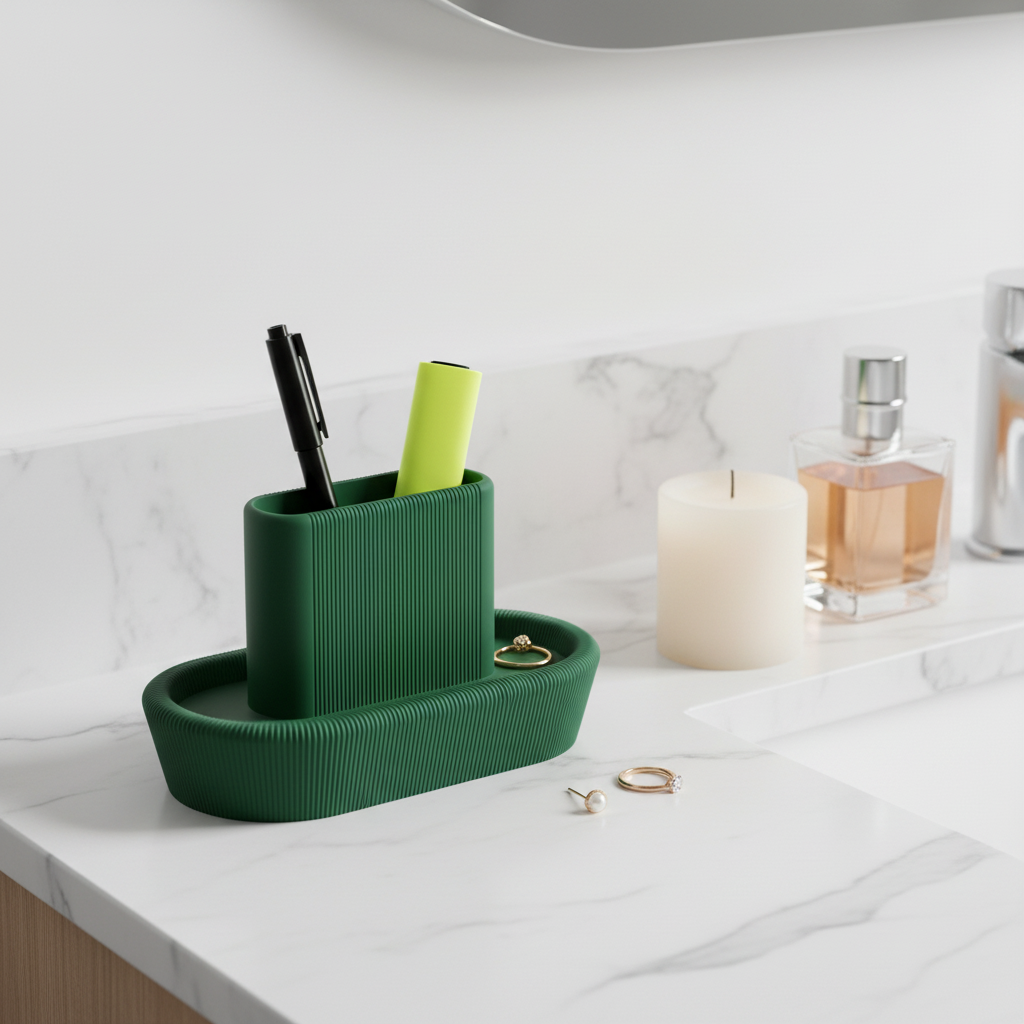 Forest green ribbed organiser on marble vanity with jewellery - lifestyle