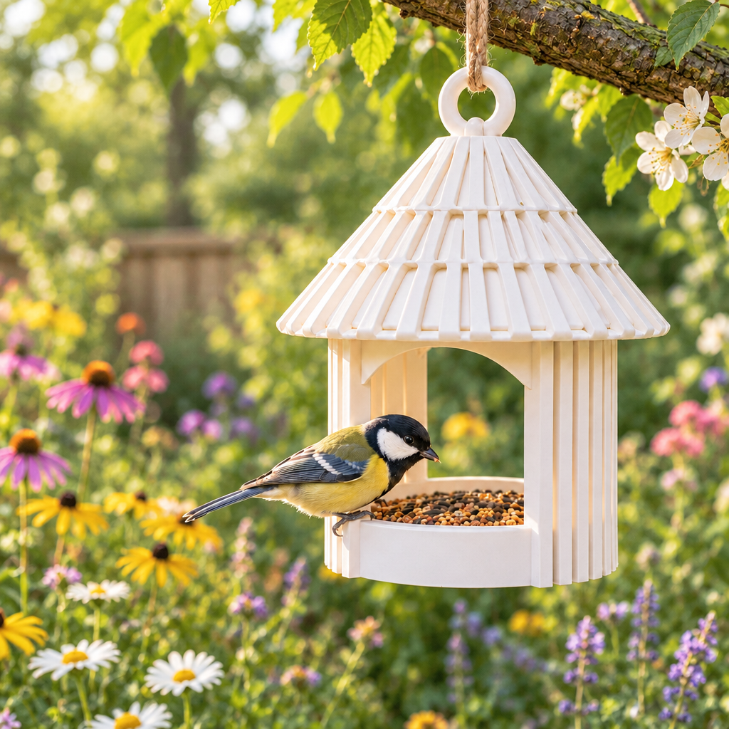 Garden Hut feeder among wildflowers
