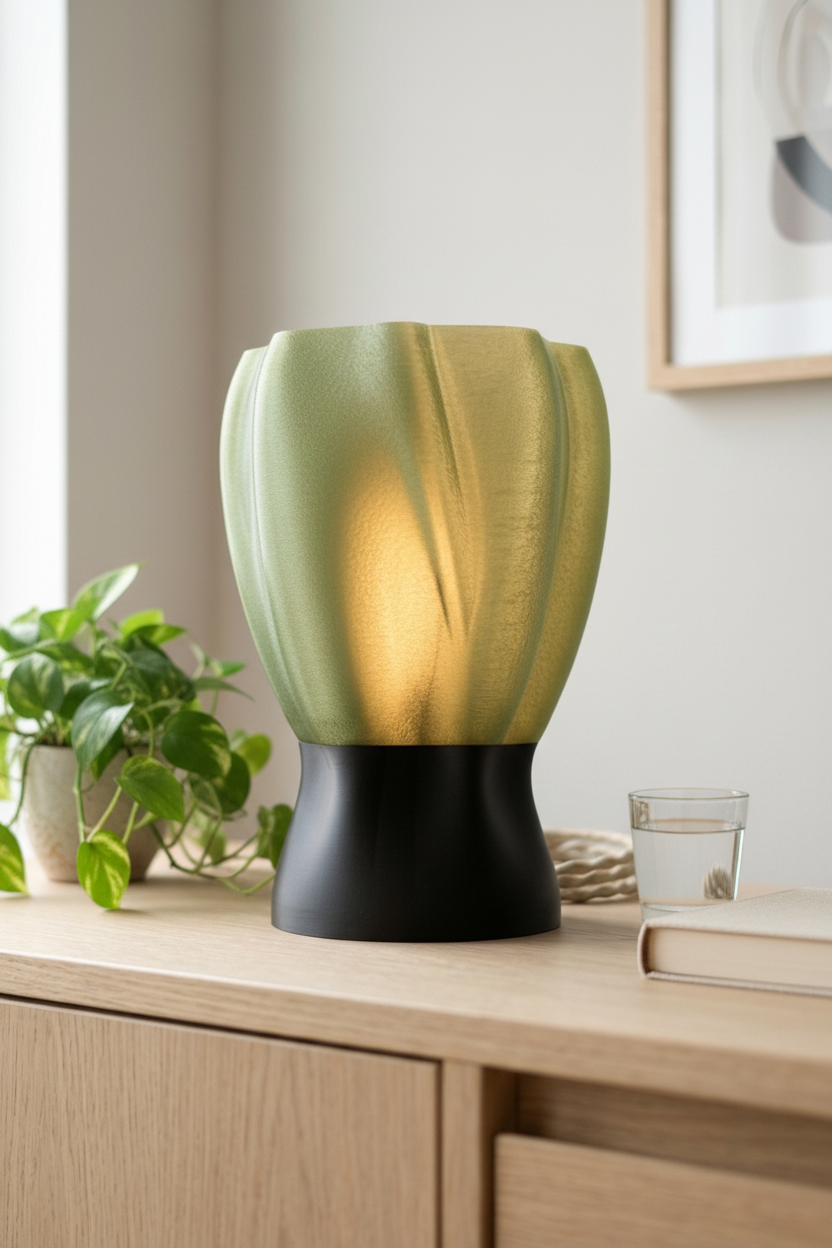 Sage green draped organic lamp glowing on oak bedside table cosy Scandinavian bedroom lifestyle