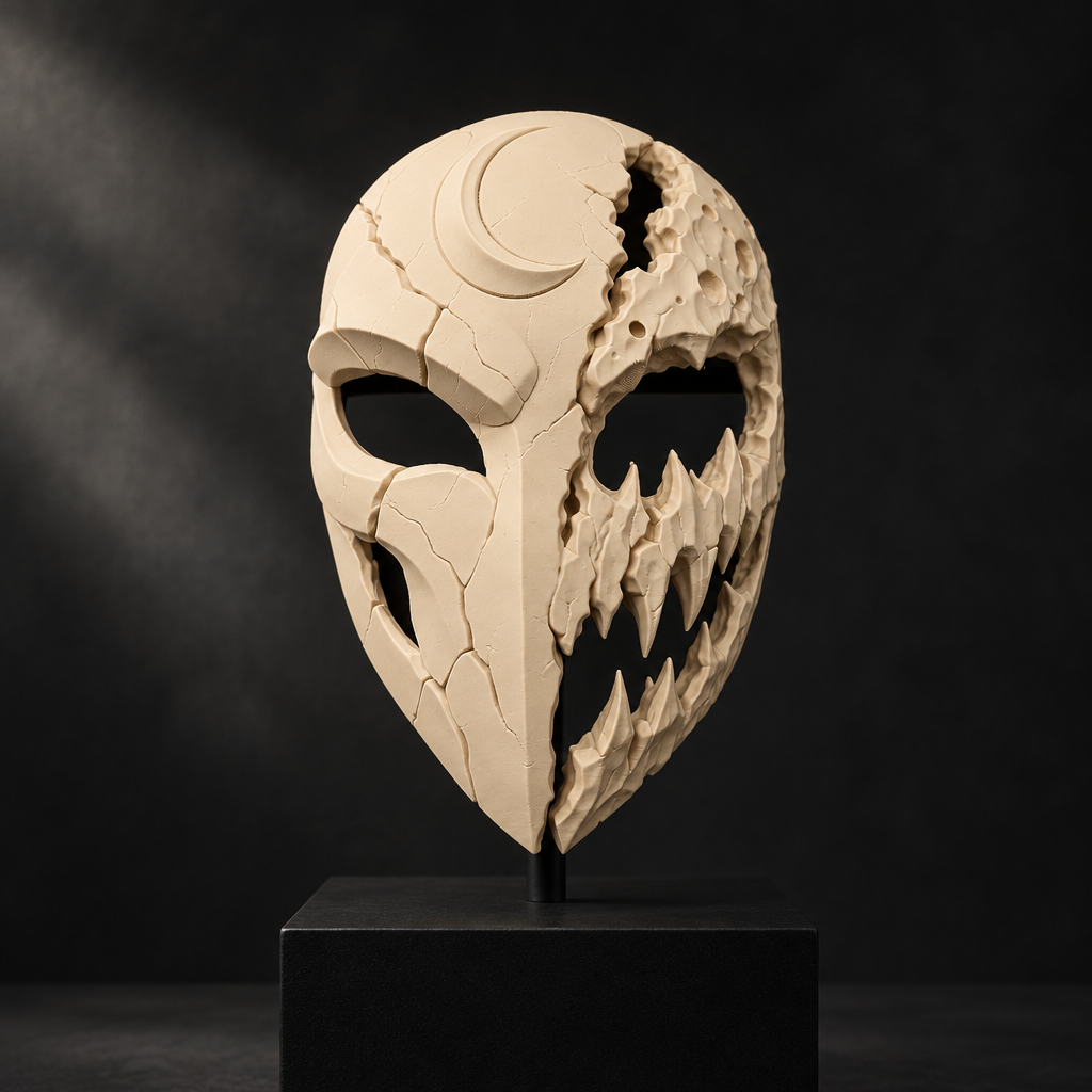 Beige Mooneater Mask displayed on a gallery stand, strap not included.