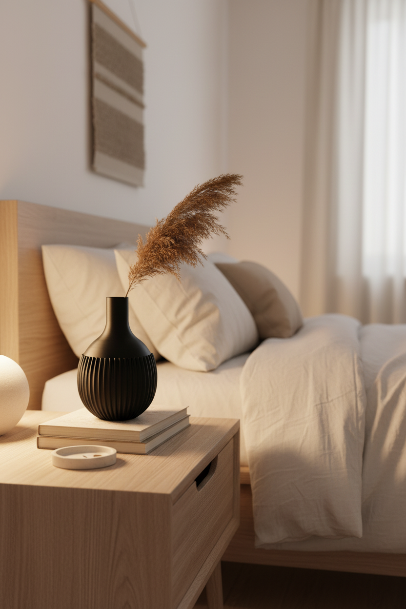 Ribbed Design Vase on a bedroom bedside table with warm lamp light