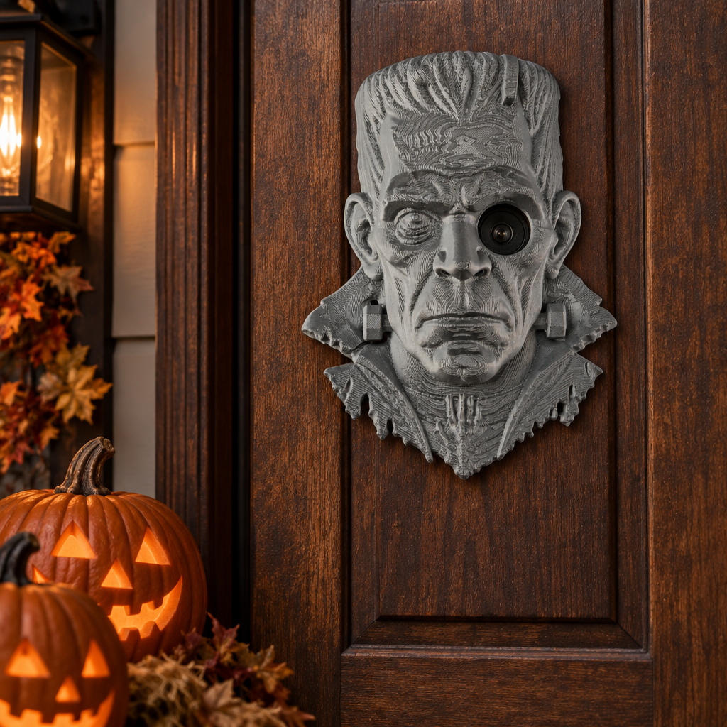 Frankenstein peephole decoration on rustic door