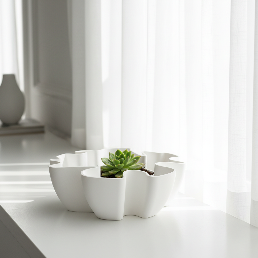 Matte white Organic Flow Catchall Bowl with a small succulent planted inside on a bright windowsill