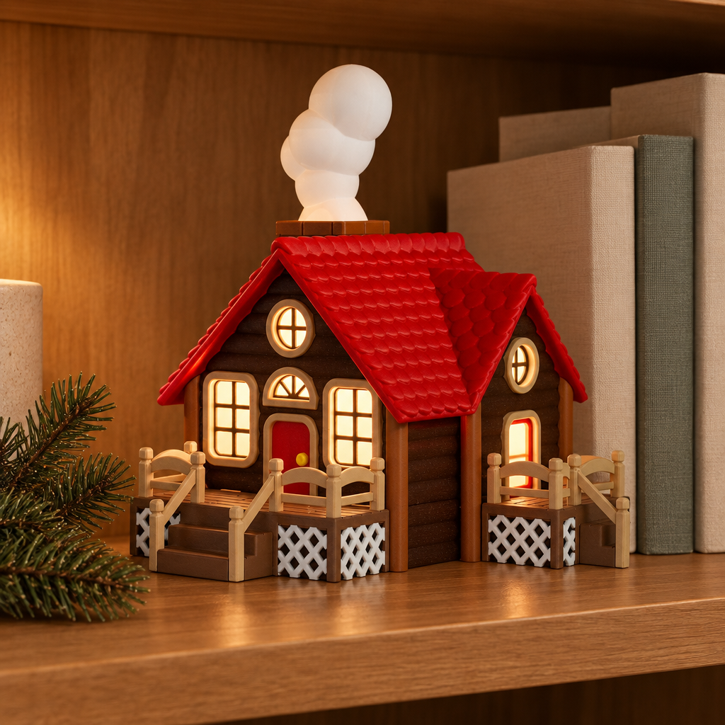Log cabin tealight holder on a shelf beside books and greenery