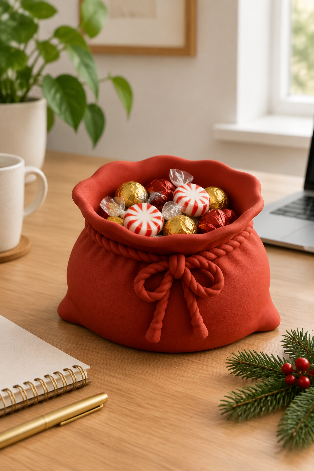 Red sack sweet bowl on a home office desk with wrapped sweets