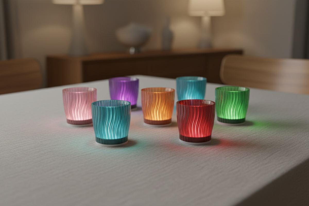 Six Ripple Edge Tealight Holders teal pink orange purple green red vertical wave-ripple texture each glowing LED tealight pale linen dining table centrepiece warm contemporary interior wide editorial