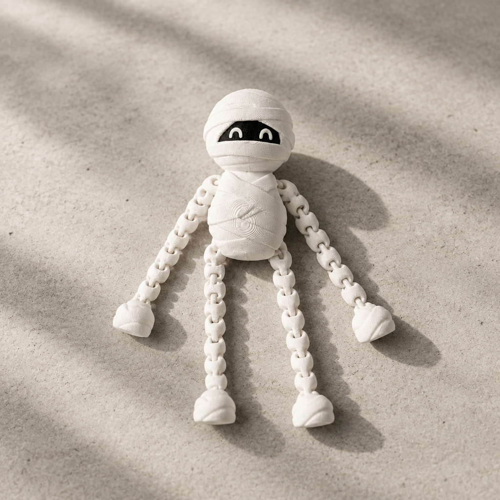 White linked-limb skeleton fidget on pale concrete with soft shadows