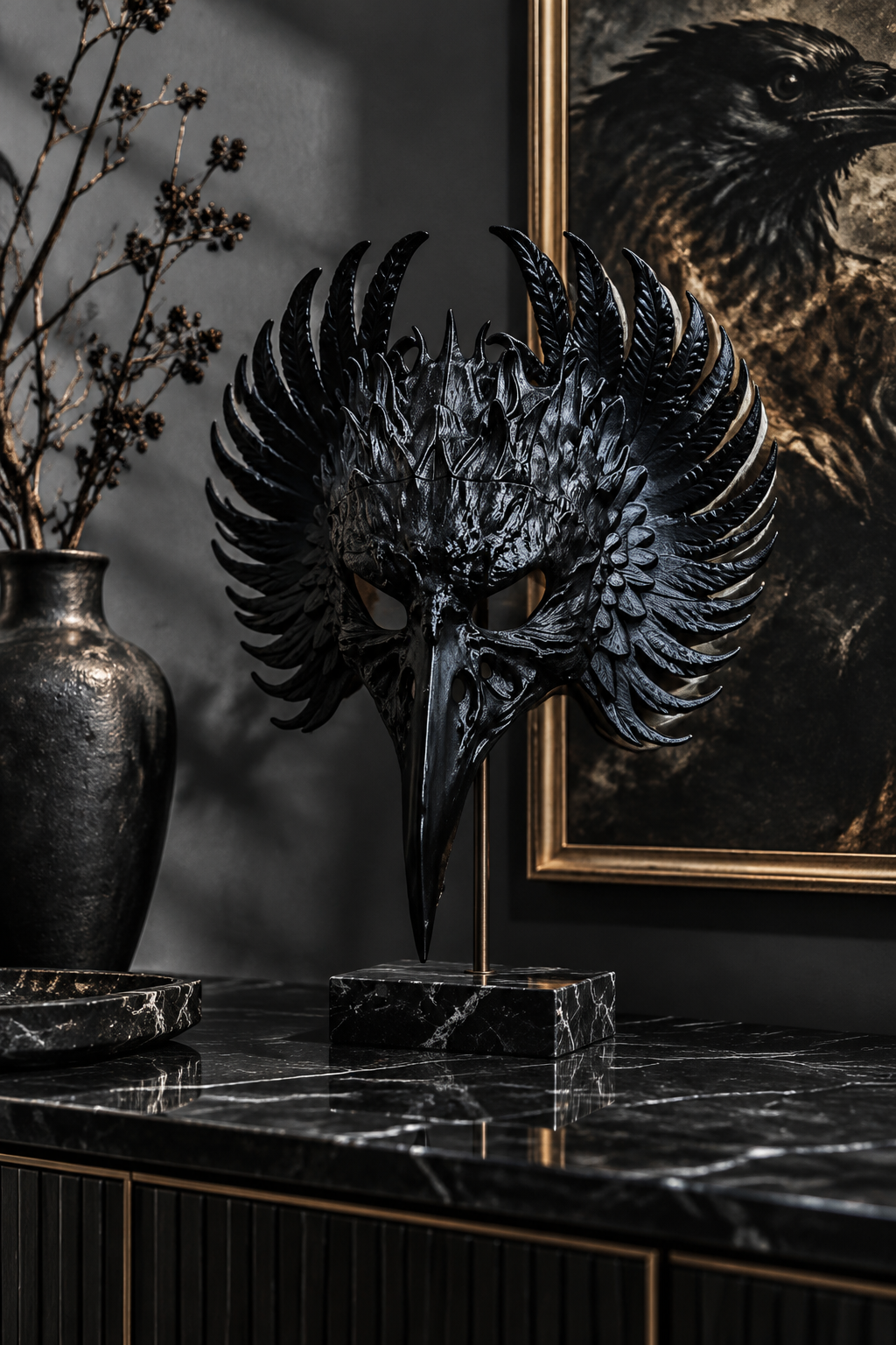 Black feathered Raven Mask on a black marble sideboard