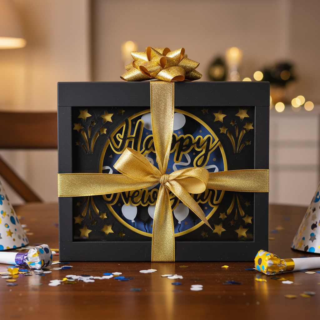 Happy New Year Shadow Box presented as a gift with gold ribbon and bow on a table with confetti and party poppers