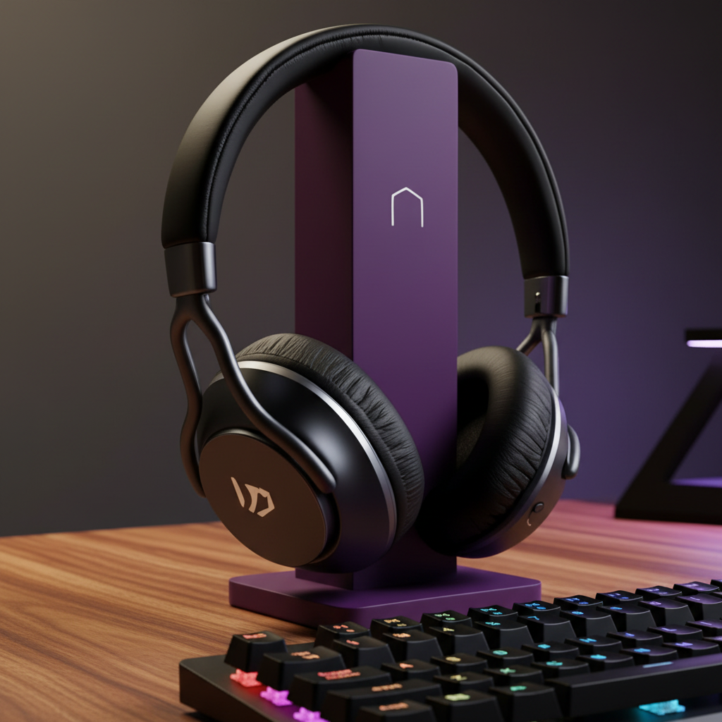 Minimalist Headphone Holder - purple colourway on gaming desk with RGB keyboard