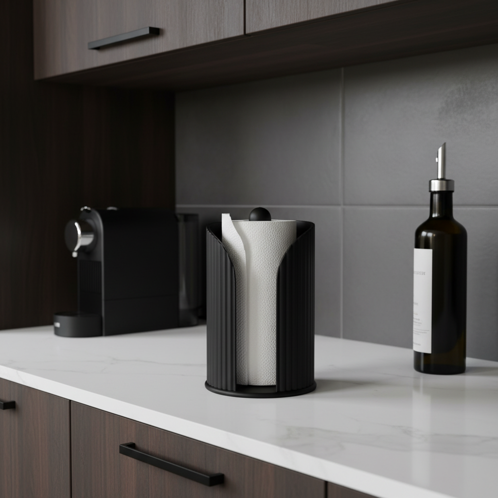 Inca Ribbed Paper Towel Holder - black colourway with kitchen roll on white quartz counter, coffee machine and olive oil bottle in background