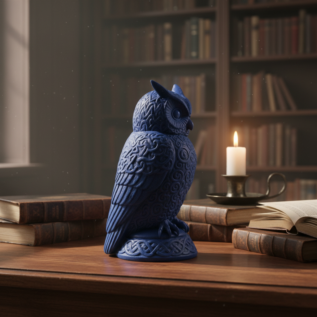 Deep blue Celtic Owl Sculpture on a dark wooden desk with books and a candle