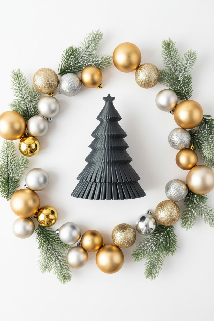 Dark ribbed Christmas tree flat lay with gold and silver baubles and pine sprigs