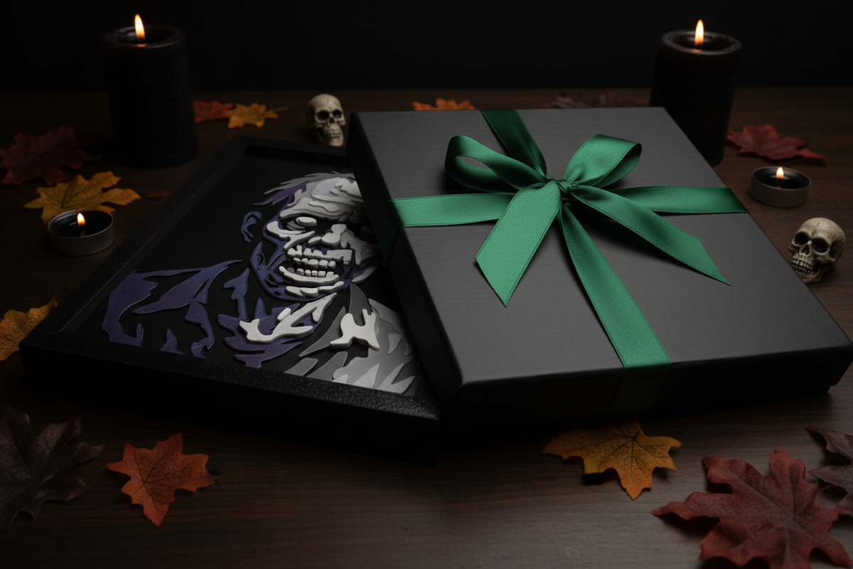 The Undead Zombie Shadow Box presented as a gift in a matte black box with green ribbon and Halloween decorations