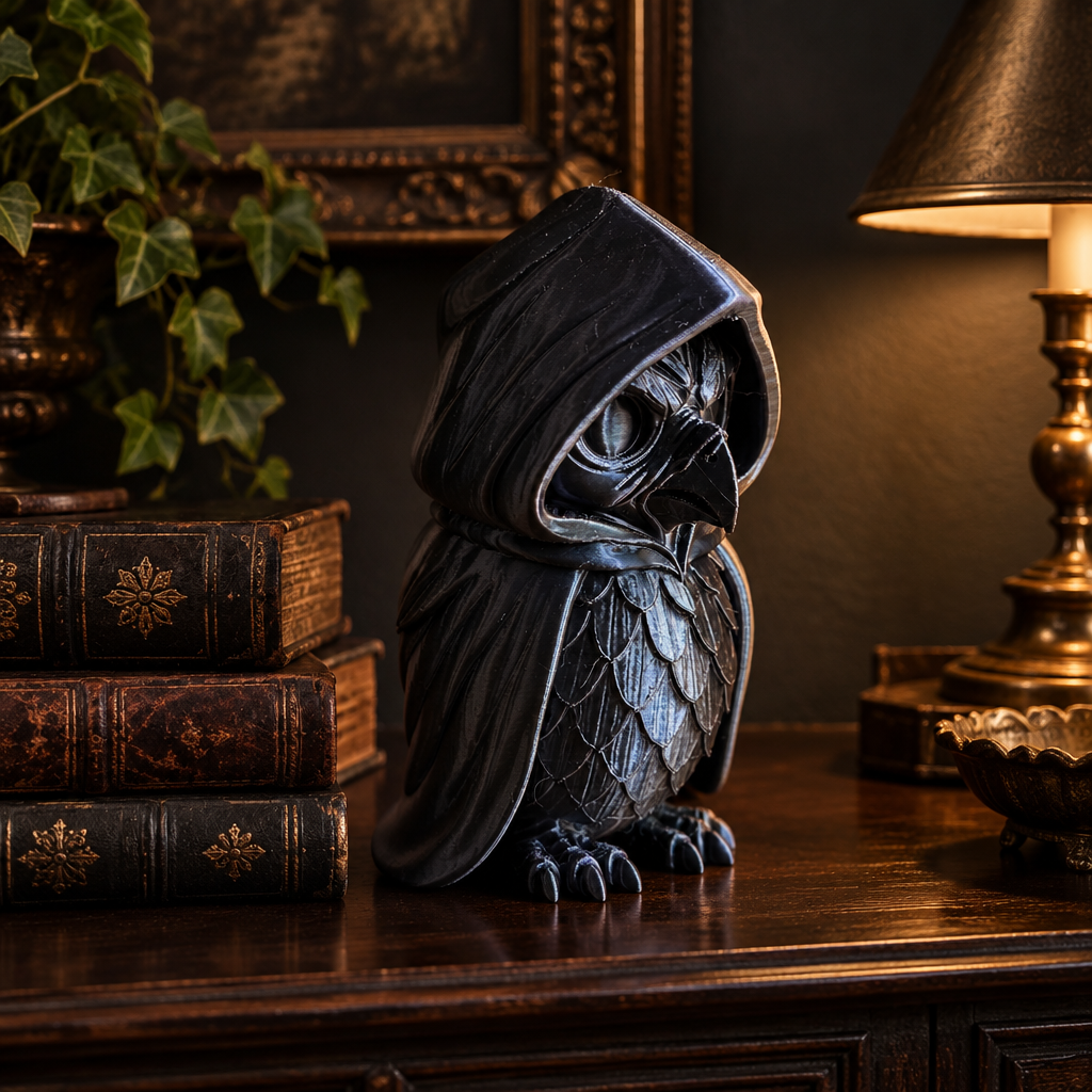Cloaked Owl sculpture on a gothic living room console