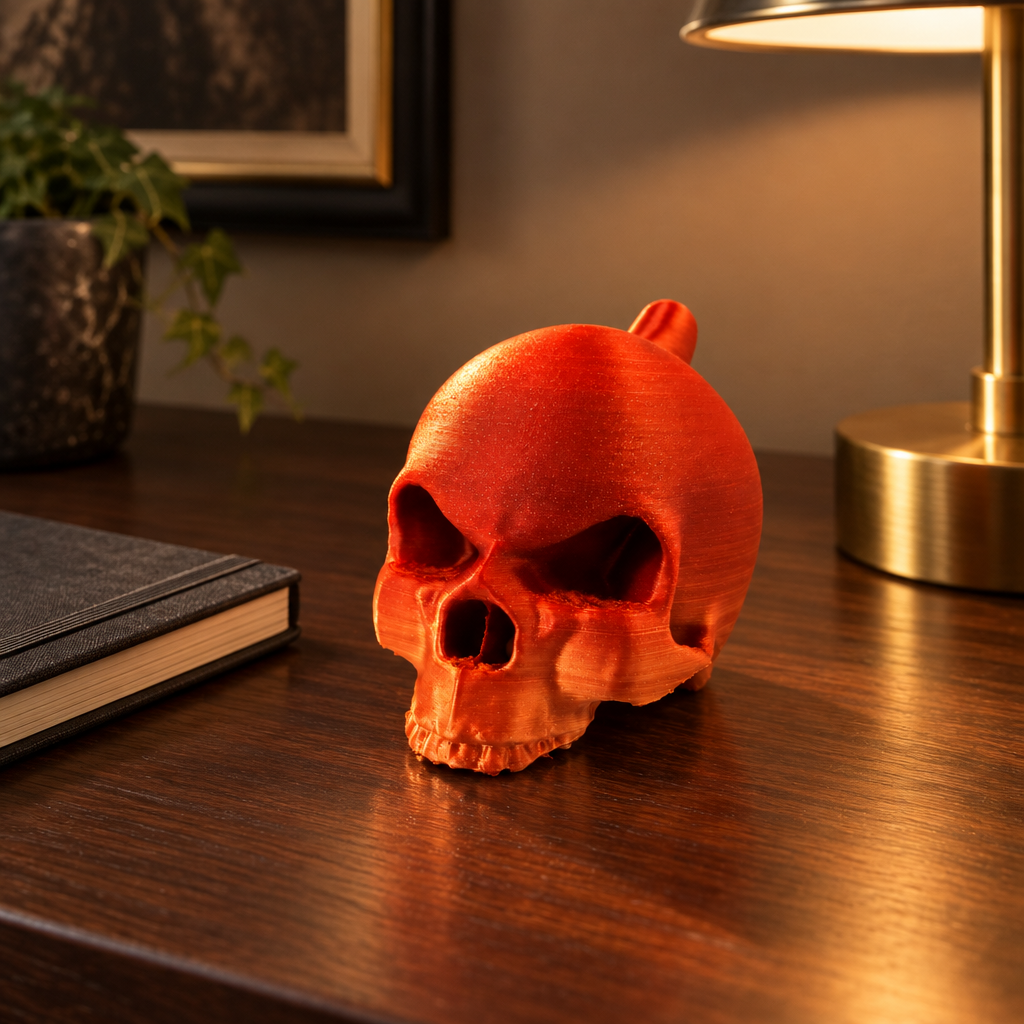 The orange skull ornament displayed on a dark walnut writing desk beside a notebook and brass lamp.