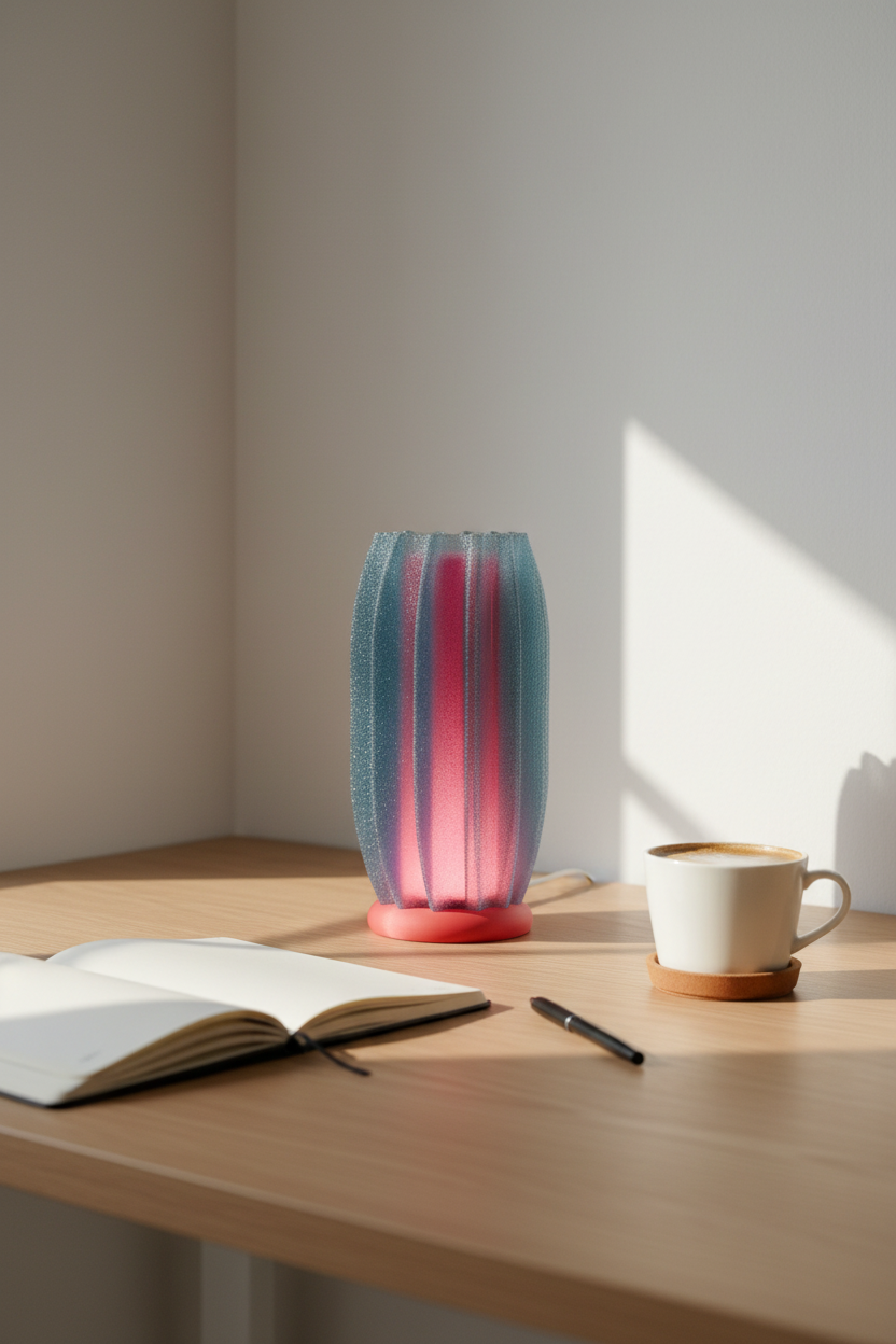 Elegant Finned Desktop Lamp glowing on a Scandinavian desk with notebook and coffee