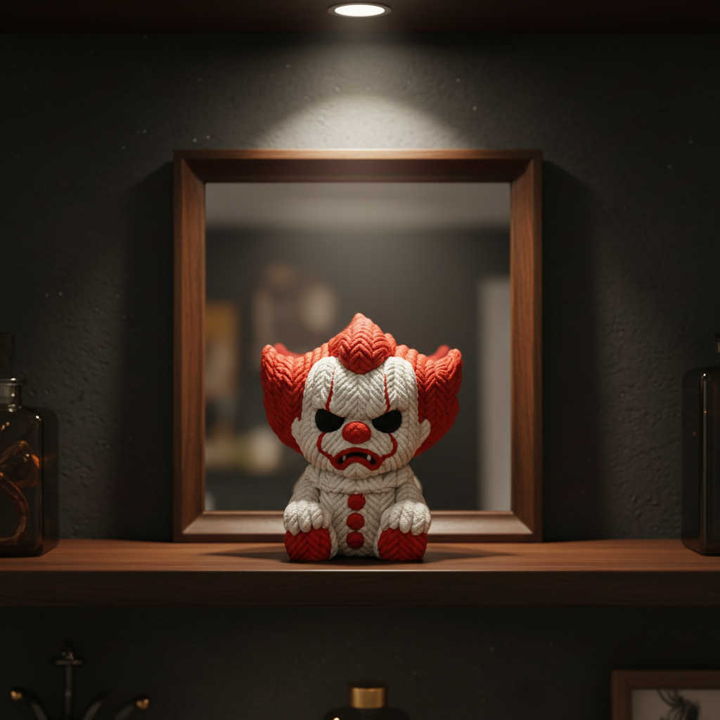 Red and white knitted-texture clown sculpture on a collector shelf