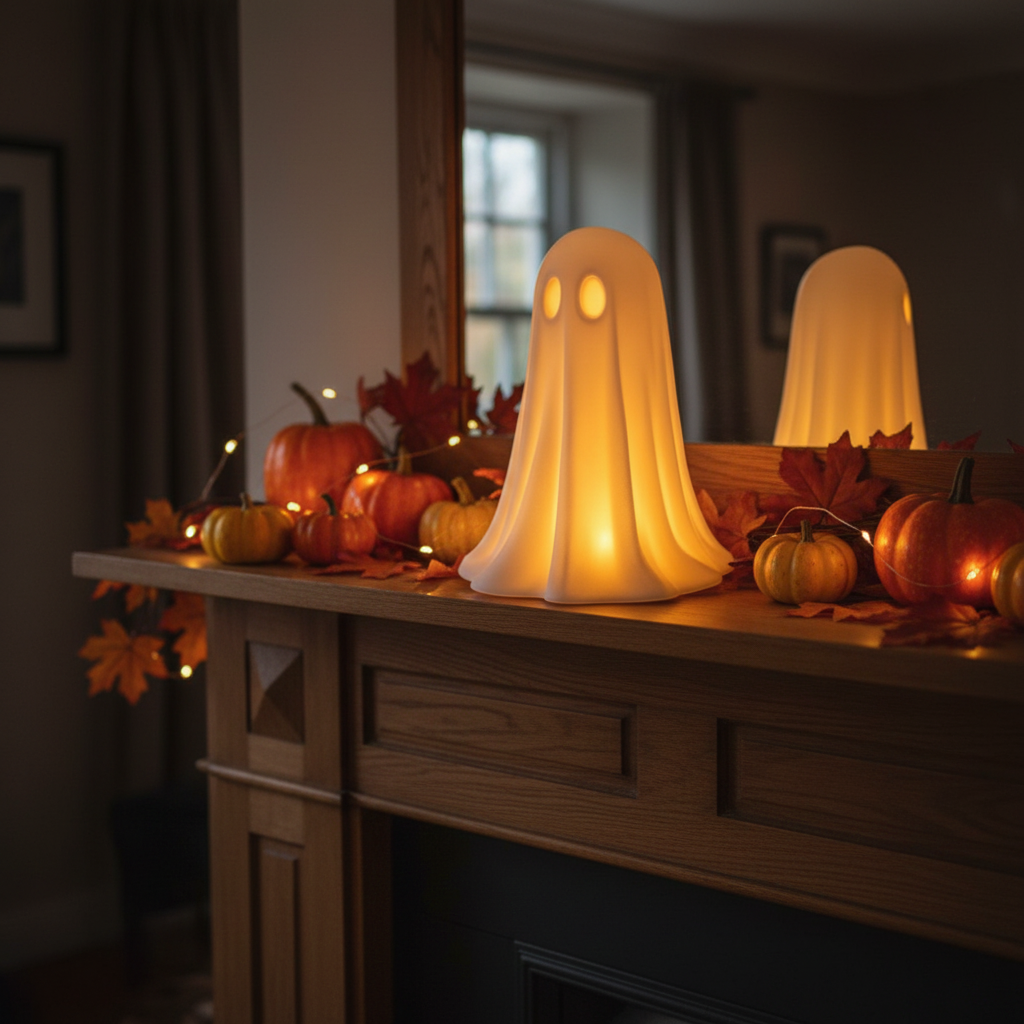 White glowing ghost on dark mantelpiece with pumpkins and fairy lights Halloween lifestyle