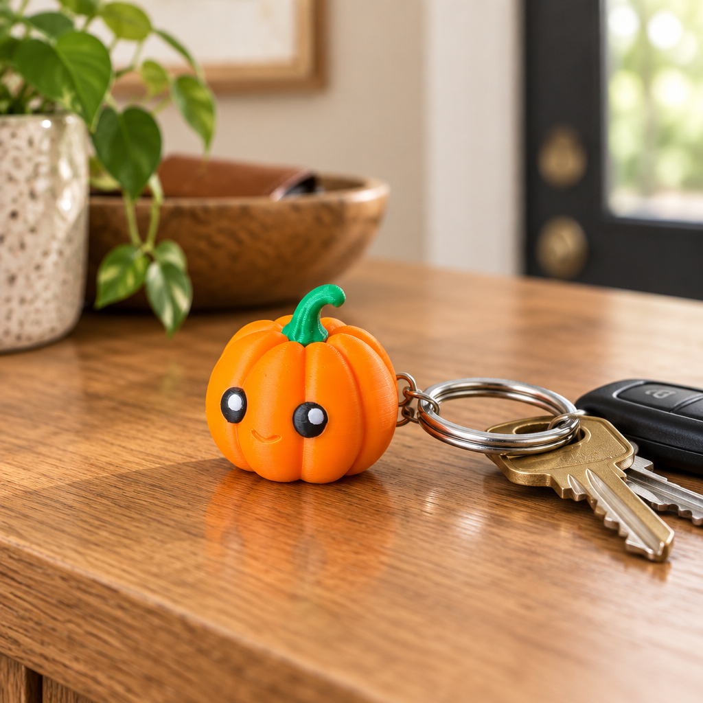 Pumpkin keychain clicker on oak entryway console