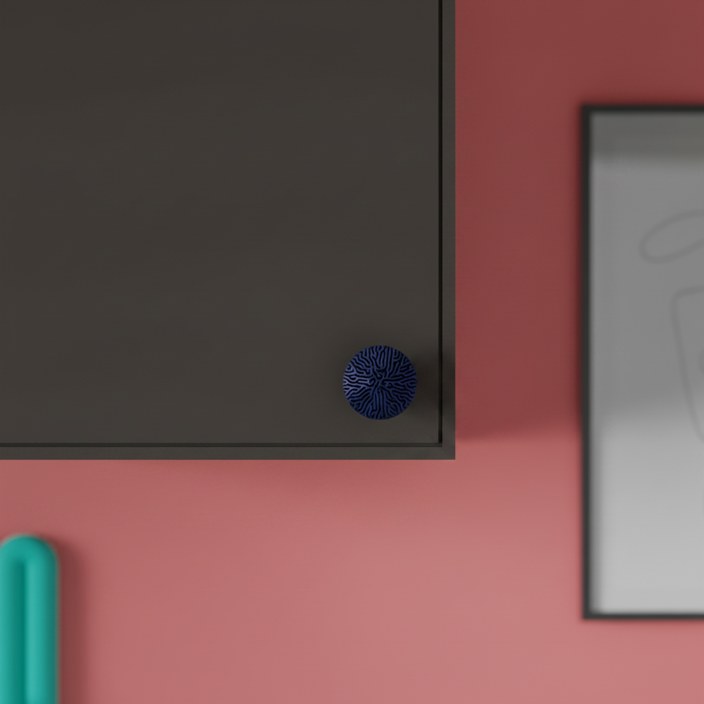 Reaction Diffusion Coral Cabinet Knob on dark kitchen cabinet