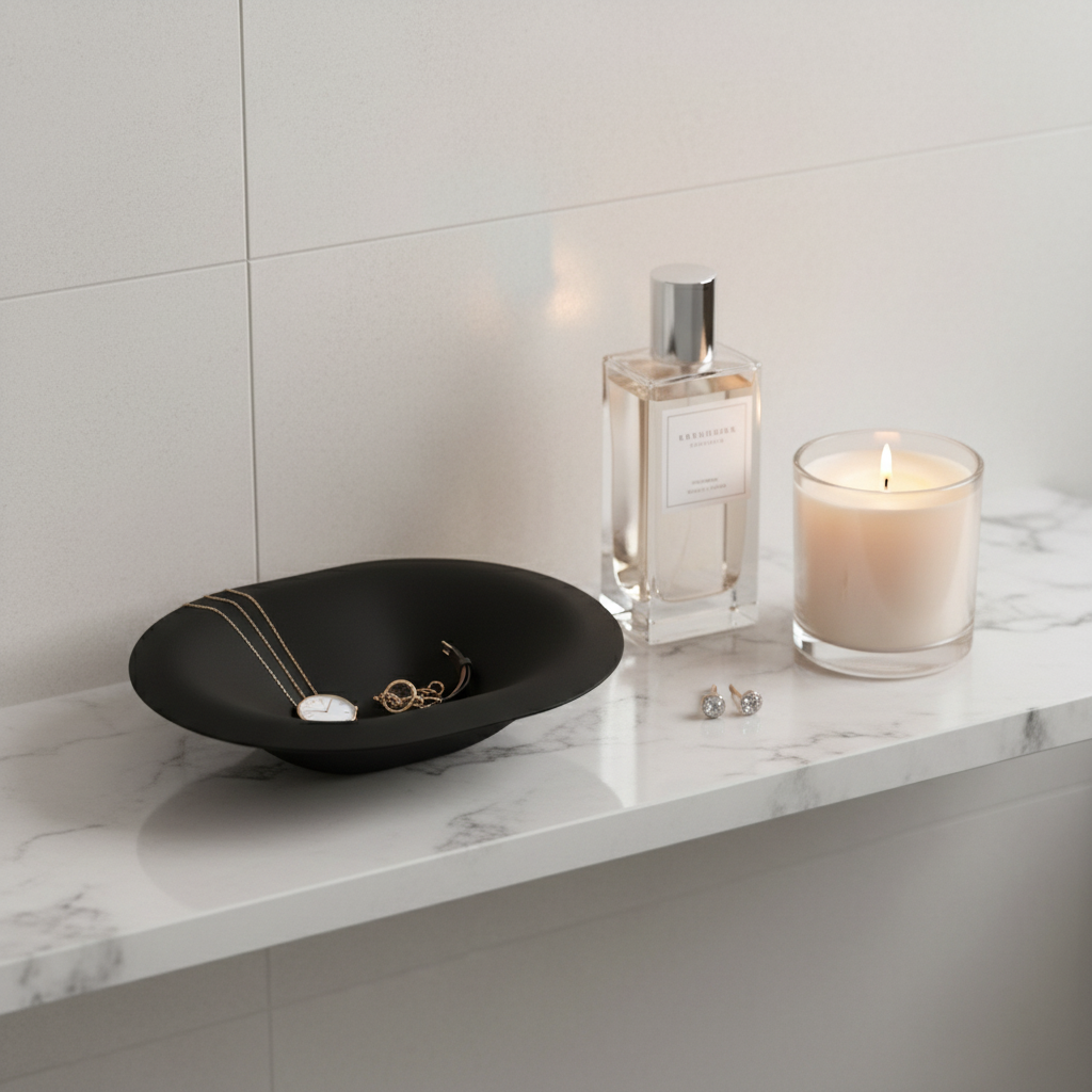Soft Pill Catch All Bowl black on marble bathroom shelf with jewellery and candle