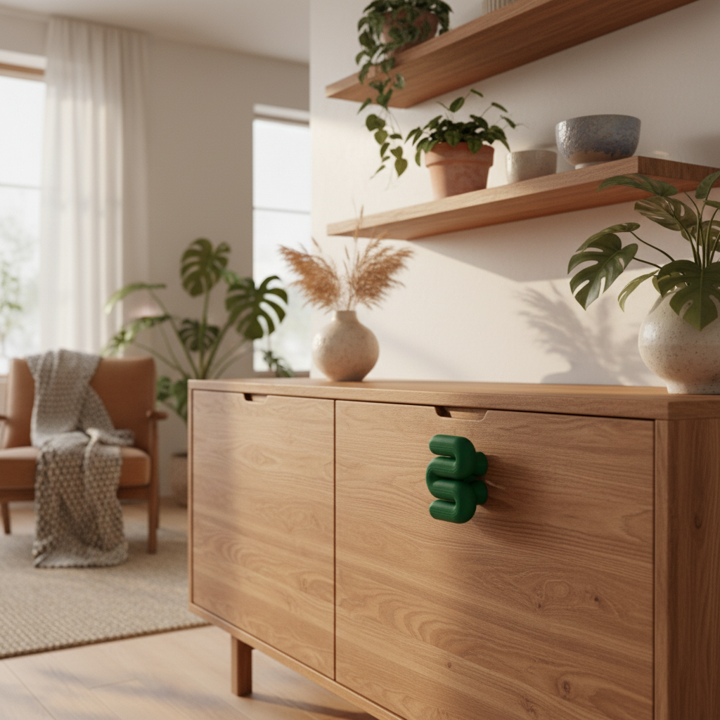 Green wibble handle on oak sideboard - lifestyle