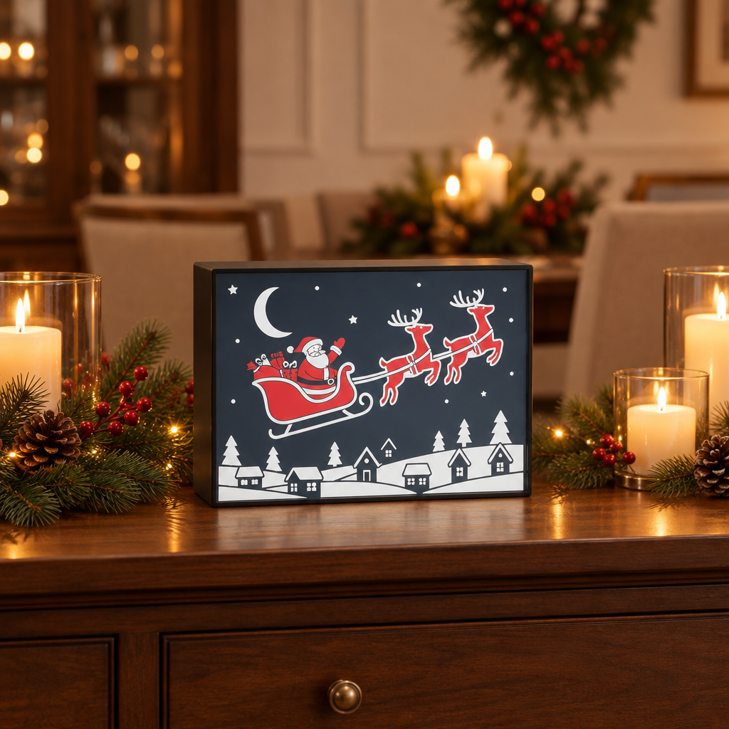 Santa and reindeer framed Christmas picture on a dining-room sideboard with candlelight