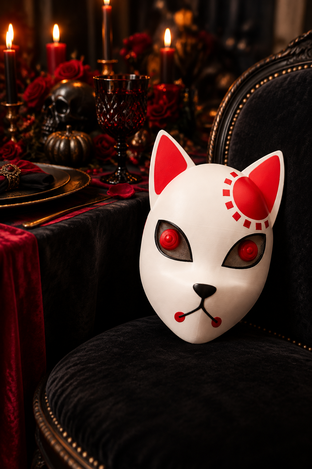 White Halloween devil cat mask on a dark velvet chair beside black and red party décor