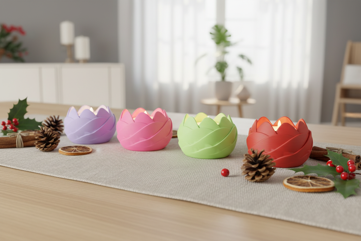 Four Leaf Petal Tealight Holders pink neon green neon purple terracotta orange matte petal scalloped form each holding lit tealight pale linen Christmas holiday table pine cones dried orange slices cinnamon sticks holly sprigs warm festive candlelight glow wide editorial landscape