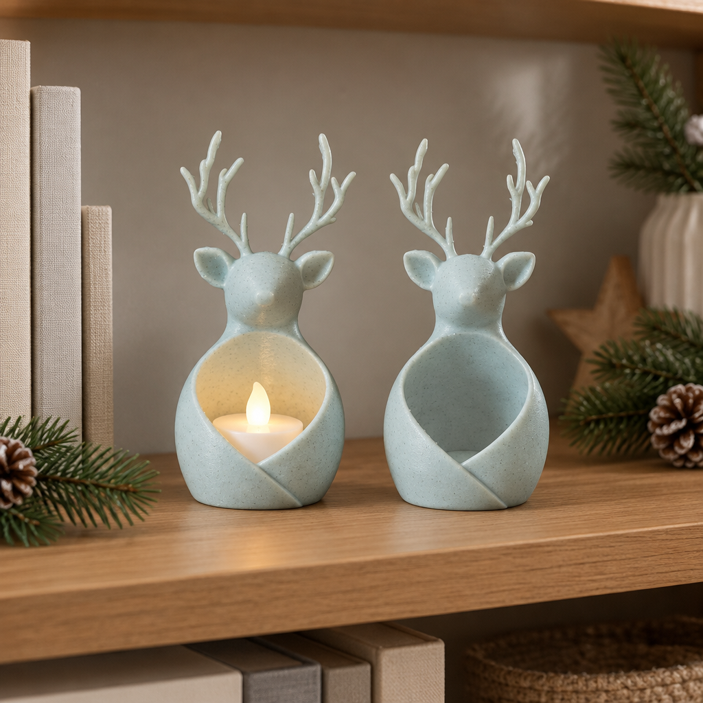 Blue reindeer tealight holders on a Christmas bookshelf