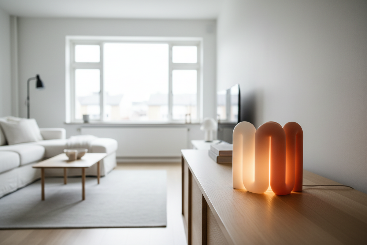 Three Wibble Curtain E27 Lamps warm amber glow translucent white soft pink terracotta orange matte arch tube clusters pale oak sideboard bright Scandinavian contemporary living room large window soft diffuse daylight wide editorial landscape
