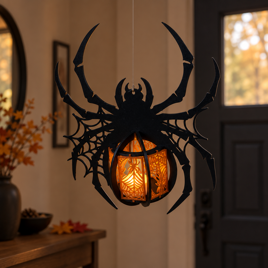 Black spider tealight holder with central LED glow hanging in a softly styled indoor entryway