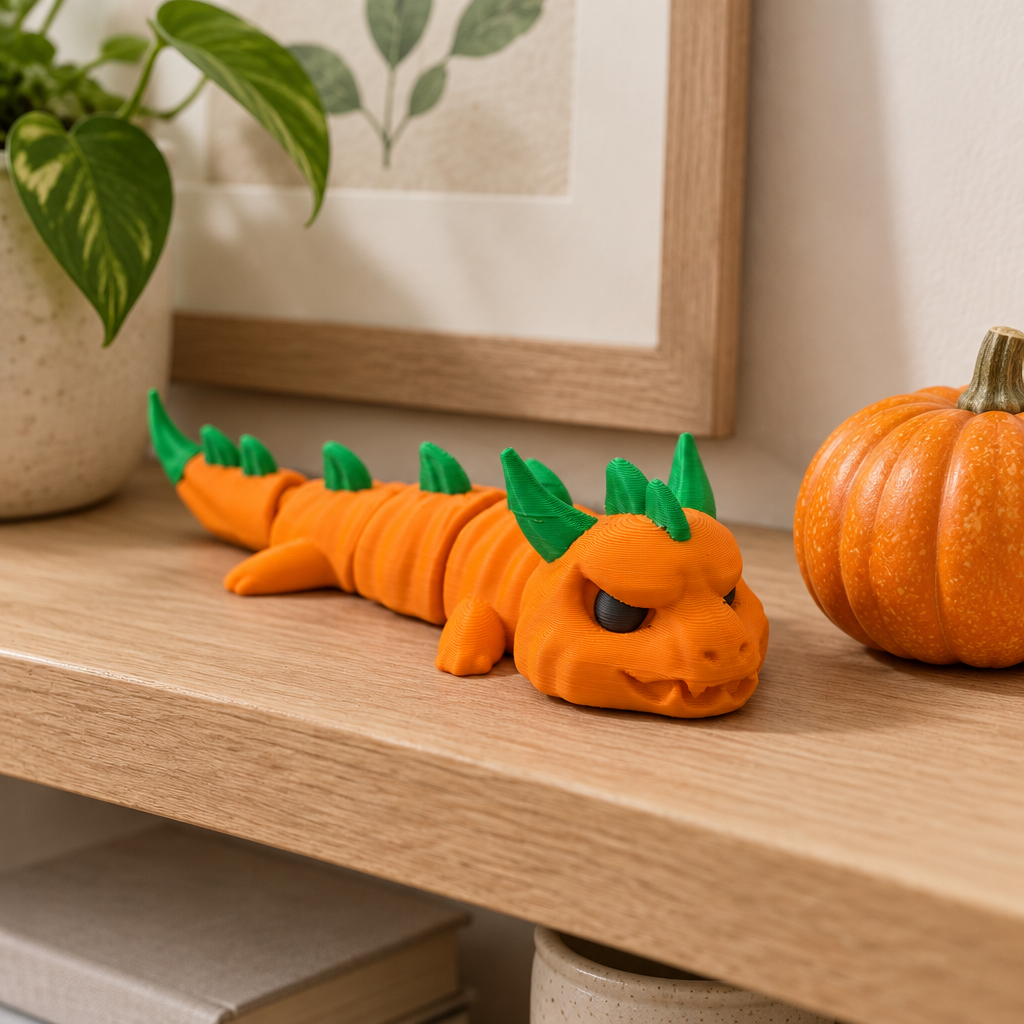 Pumpkin dragon on an oak shelf