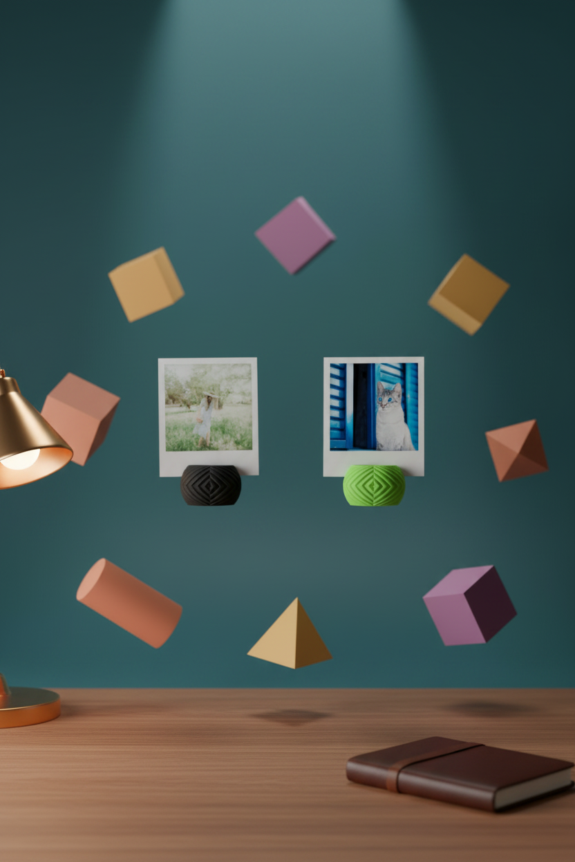 Two Geometric Mini Photo Holders deep matte black neon green diamond lattice pebble form each holding square polaroid print warm walnut desk moody contemporary creative studio small brass desk lamp leather notebook dramatic soft side light portrait
