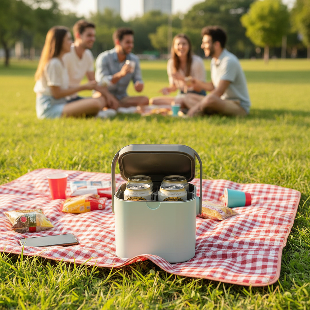 Sage green freezable can carrier on picnic blanket in sunny park with four cans and friends in background