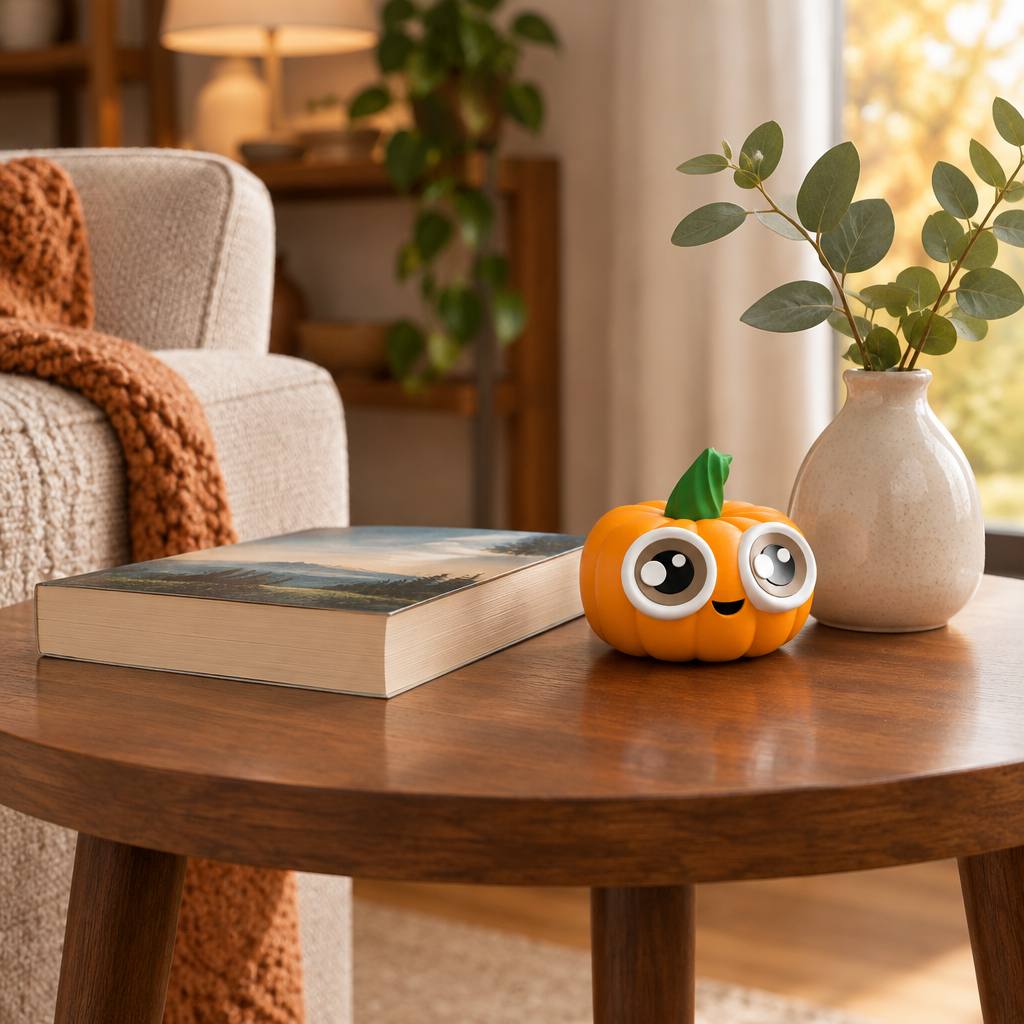 Small pumpkin figurine displayed beside a full-size book